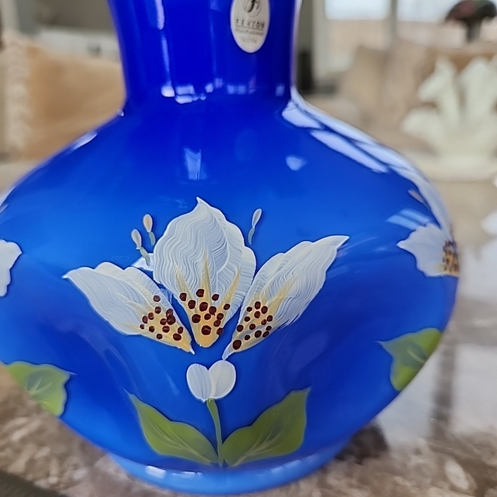 Fenton Blue Overlay Cased Glass White, Hand Painted, Pinched Side, Ruffled Top - Picture 2 of 5
